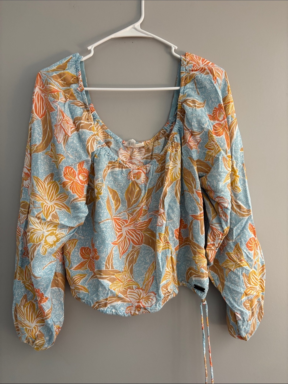 Roxy Light Blue Floral Puff-Sleeve Tunic with Side Tie